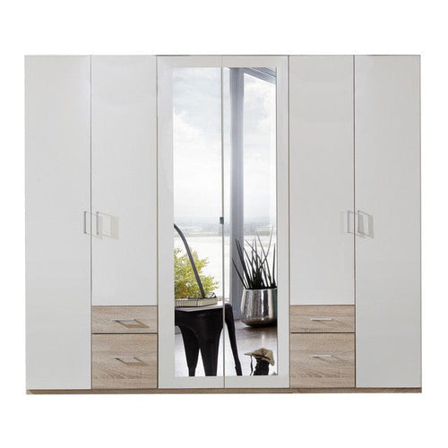 Wimex Dulap din pal, cu 6 usi, 4 sertare si oglinda, Freiburg Stejar / Alb, l270xA58xH208 cm