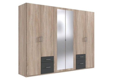 Wimex Dulap din pal, cu 6 usi, 4 sertare si oglinda, Freiburg Stejar / Grafit, l270xA58xH208 cm