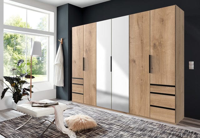 Wimex Dulap din pal, cu 6 usi, 6 sertare si oglinda, Level36 Black A Stejar, l300xA58xH216 cm