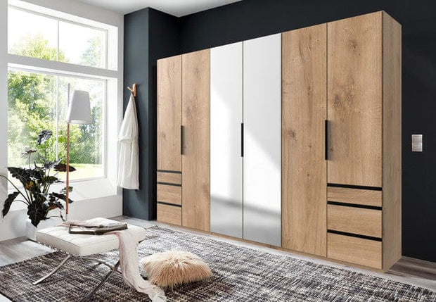 Wimex Dulap din pal, cu 6 usi, 6 sertare si oglinda, Level36 Black A Stejar, l300xA58xH216 cm