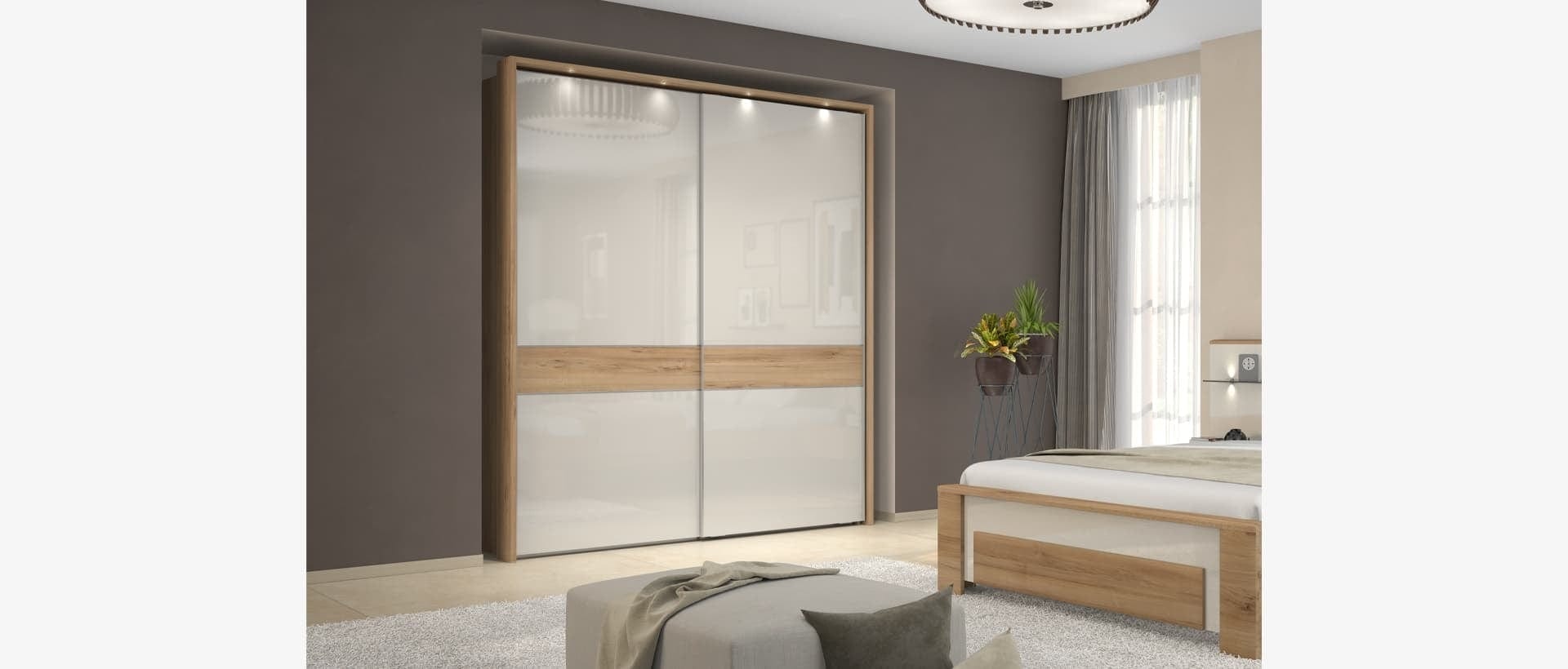 Jela Dulap din pal si MDF, cu 2 usi glisante, Gala Medium PK231/GL Bej / Nuc Pacific, l230xA61xH224 cm