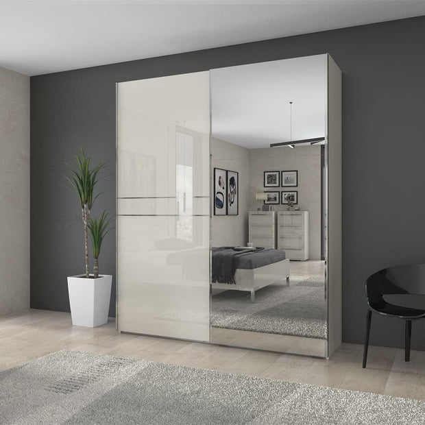 Jela Dulap din pal si MDF, cu 2 usi glisante si oglinda, Piano PK181-OG/PN Small Bej, l182xA61xH224 cm