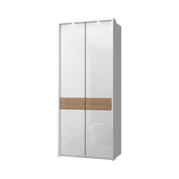 Jela Dulap din pal si MDF, cu 2 usi si LED inclus, Avis Stripes P2B/AV Alb / Nuc Pacific, l97xA60xH227 cm