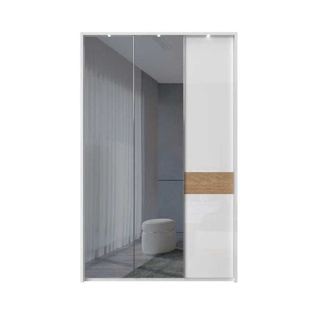 Jela Dulap din pal si MDF, cu 3 usi, oglinda si LED inclus, Avis Stripes P3B-2OG/AV Alb / Nuc Pacific, l142xA60xH227 cm