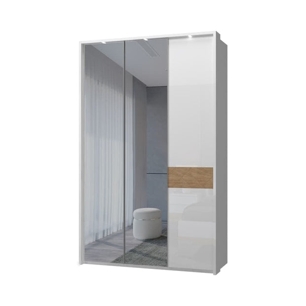 Jela Dulap din pal si MDF, cu 3 usi, oglinda si LED inclus, Avis Stripes P3B-2OG/AV Alb / Nuc Pacific, l142xA60xH227 cm