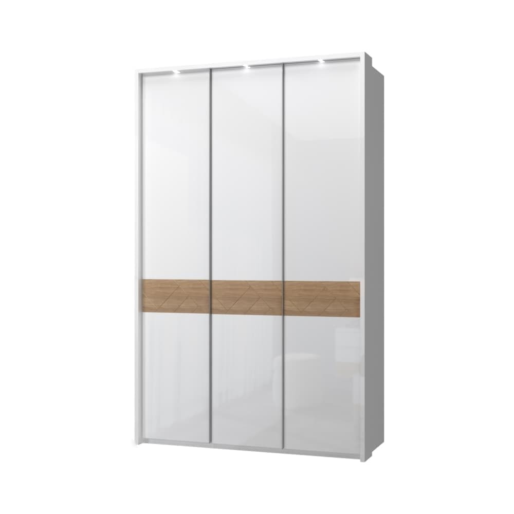 Jela Dulap din pal si MDF, cu 3 usi si LED inclus, Avis Stripes P3B/AV Alb / Nuc Pacific, l142xA60xH227 cm