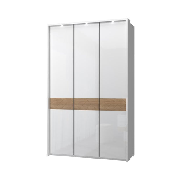 Jela Dulap din pal si MDF, cu 3 usi si LED inclus, Avis Stripes P3B/AV Alb / Nuc Pacific, l142xA60xH227 cm