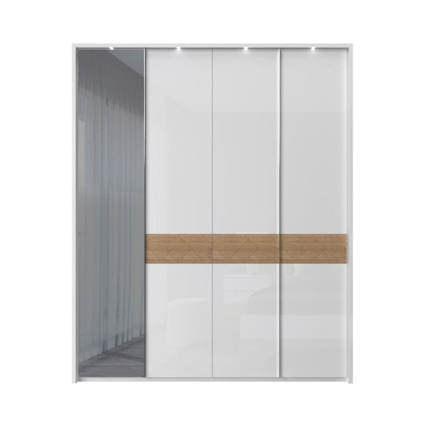 Jela Dulap din pal si MDF, cu 4 usi, oglinda si LED inclus, Avis Stripes P4B-1OG/AV Alb / Nuc Pacific, l187xA60xH227 cm