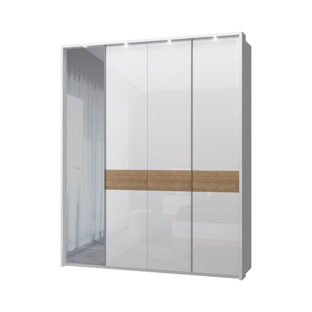 Jela Dulap din pal si MDF, cu 4 usi, oglinda si LED inclus, Avis Stripes P4B-1OG/AV Alb / Nuc Pacific, l187xA60xH227 cm