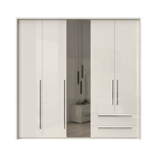 Jela Dulap din pal si MDF, cu 5 usi, 2 sertare si oglinda, Piano Stripes P52A-1OG/PN Bej, l232xA60xH226 cm