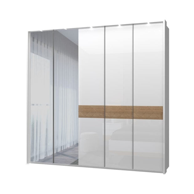 Jela Dulap din pal si MDF, cu 5 usi, oglinda si LED inclus, Avis Stripes P5B-2OG/AV Alb / Nuc Pacific, l232xA60xH227 cm