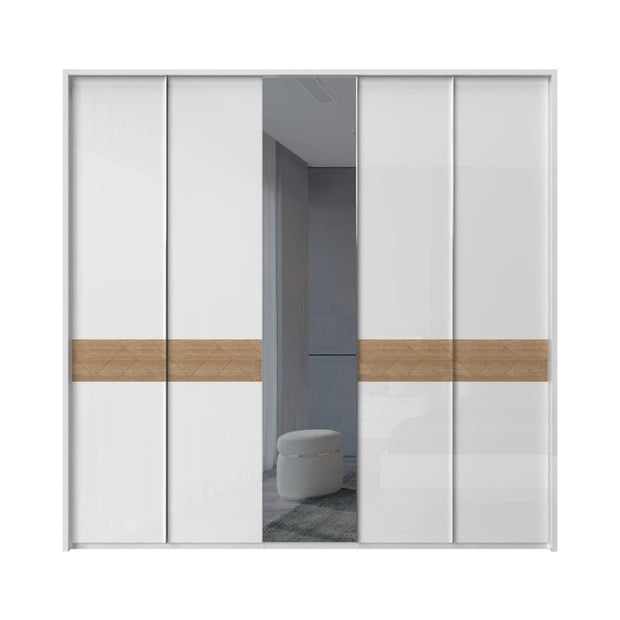 Jela Dulap din pal si MDF, cu 5 usi si oglinda, Avis Stripes P5A-1OG/AV Alb / Nuc Pacific, l232xA60xH227 cm