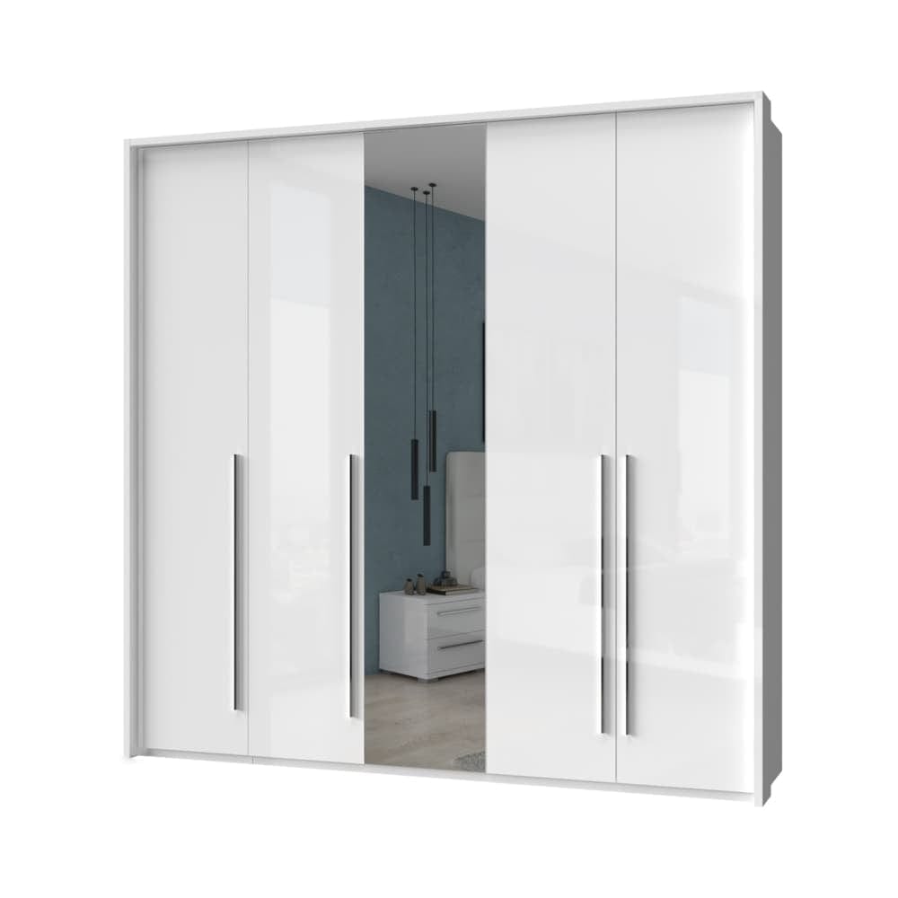 Jela Dulap din pal si MDF, cu 5 usi si oglinda, Piano Stripes P5A-1OG/PN Alb, l232xA60xH226 cm