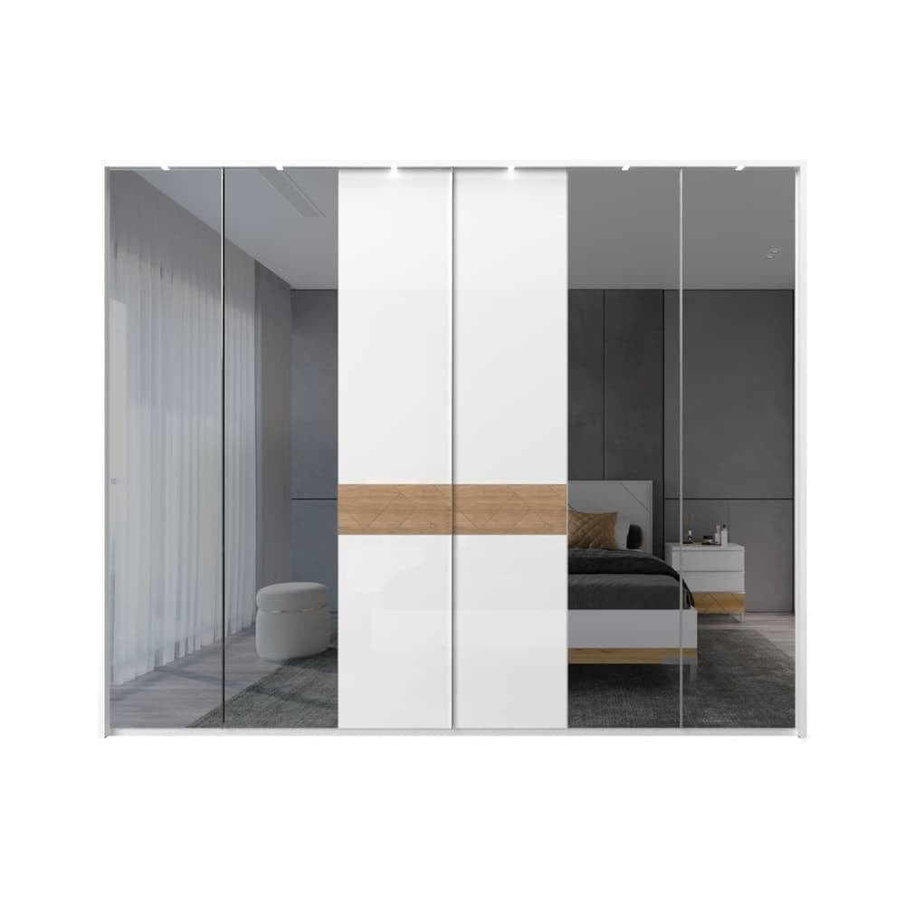 Jela Dulap din pal si MDF, cu 6 usi, oglinda si LED inclus, Avis Stripes P6B-4OG/AV Alb / Nuc Pacific, l277xA60xH227 cm