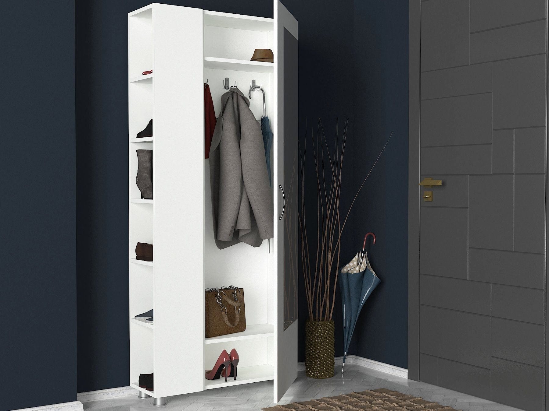 Dulap hol cu oglinda, din pal cu 1 usa, Meyra Alb, l80xA28,6xH185 cm (2)