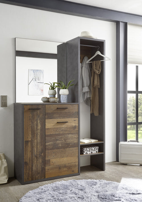 BFSummer Dulap hol cu oglinda si cuier, din pal cu 2 usi si 1 sertar, Emelia Gri Inchis / Natur, l126xA38xH192 cm