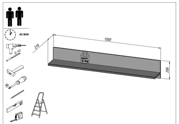 Forte Etajera suspendata din pal, Wafi Stejar / Alb, l155xA21,9xH25,6 cm