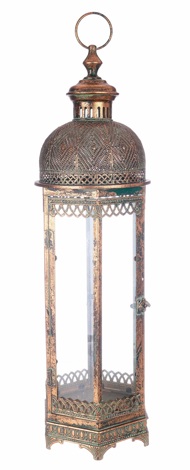Felinar decorativ din sticla si metal, Sale Auriu Antichizat, Ø23xH78 cm