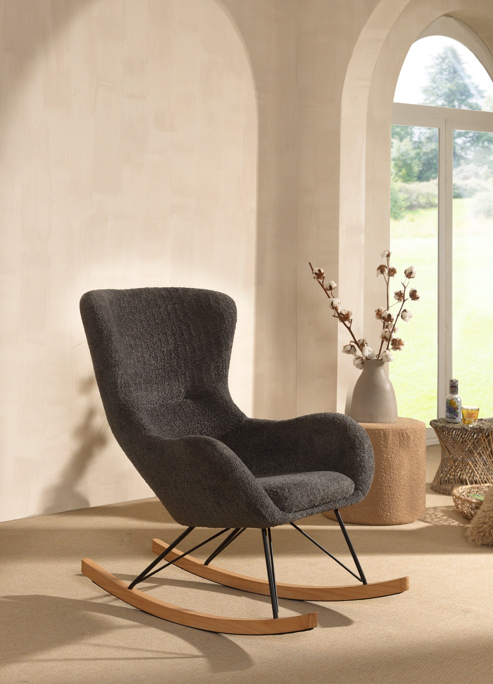 Fotoliu balansoar tapitat cu stofa boucle, Rocky Gri / Natural, l76xA96xH101 cm (1)