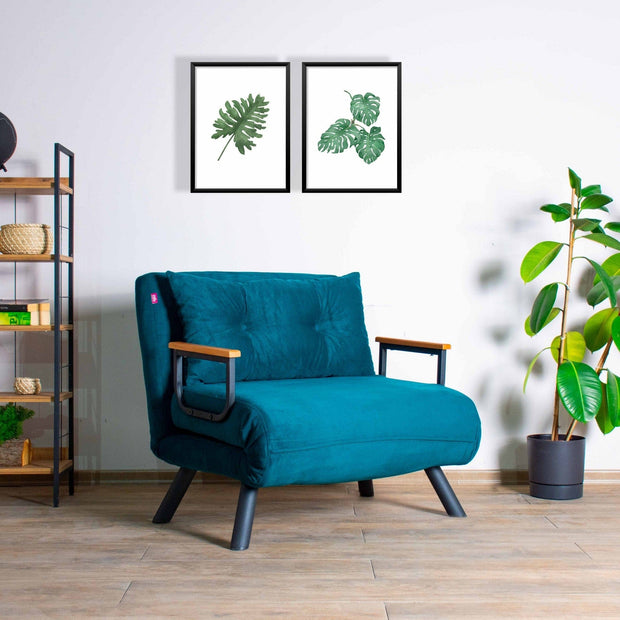 Asir Turcoaz Fotoliu extensibil tapitat cu stofa si picioare metalice, Sando Color Velvet, l60xA78xH78 cm