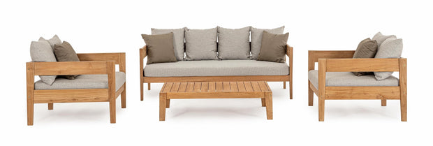 Fotoliu fix pentru gradina / terasa, din lemn de tec, cu perne detasabile, Kobo Gri / Natural, l90xA90xH79 cm (3)