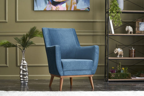 Asir Fotoliu fix tapitat cu stofa si picioare din lemn, Gonca Velvet Albastru, l74xA75xH80 cm