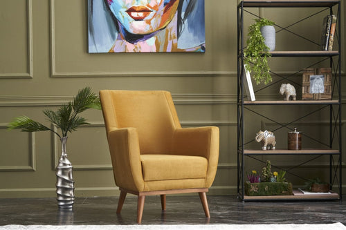 Asir Fotoliu fix tapitat cu stofa si picioare din lemn, Gonca Velvet Auriu, l74xA75xH80 cm