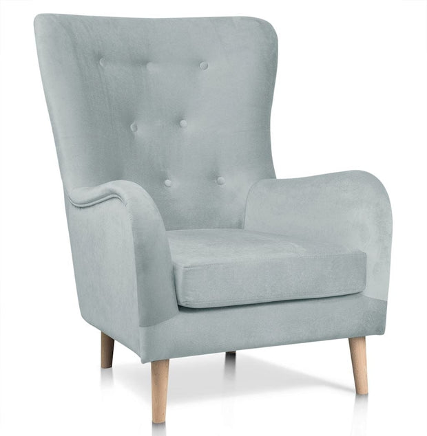 Fotoliu fix tapitat cu stofa si picioare din lemn, Marshal Argintiu / Stejar, l67xA70xH84 cm