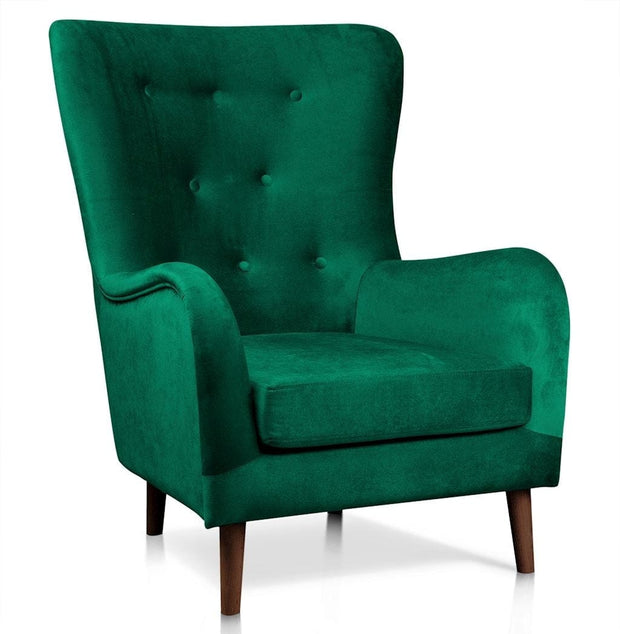 Fotoliu fix tapitat cu stofa si picioare din lemn, Marshal Verde / Nuc, l67xA70xH84 cm