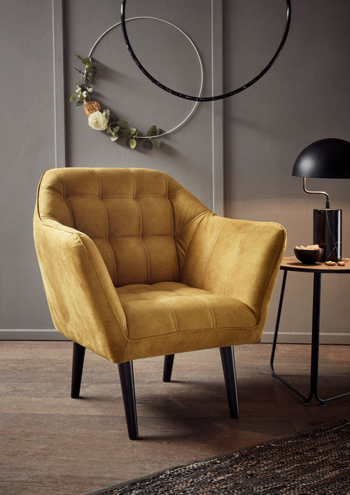 BlackRedWhite Fotoliu fix tapitat cu stofa si picioare din lemn, Maxim Mustariu / Negru, l84xA70xH87 cm