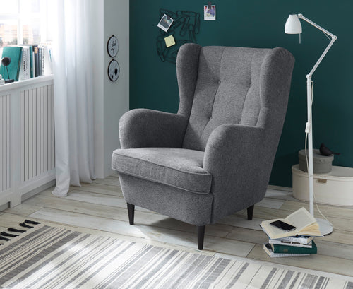 Fotoliu fix tapitat cu stofa si picioare din lemn, Oskard Gri Inchis, l78xA98xH102 cm