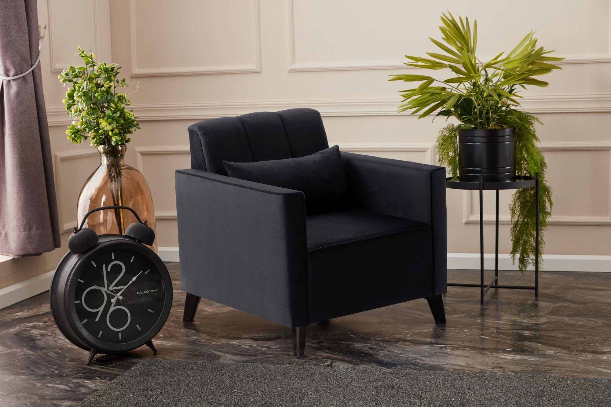 Asir Fotoliu fix tapitat cu stofa si picioare din plastic, Ova Velvet Negru, l78xA78xH80 cm