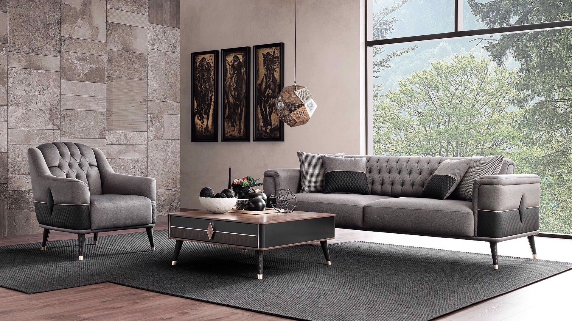 Fotoliu fix tapitat cu stofa si piele ecologica, cu picioare din lemn Diamond Gri inchis / Negru, l84xA89xH92 cm (1)