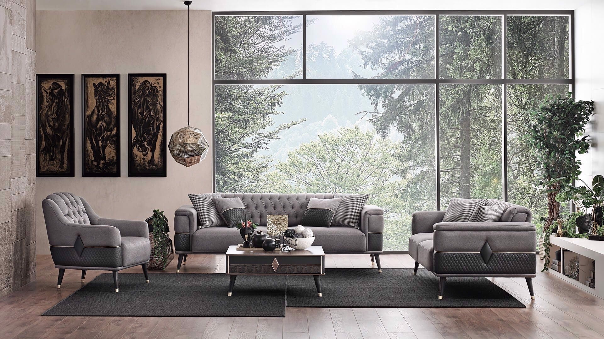 Fotoliu fix tapitat cu stofa si piele ecologica, cu picioare din lemn Diamond Gri inchis / Negru, l84xA89xH92 cm (2)