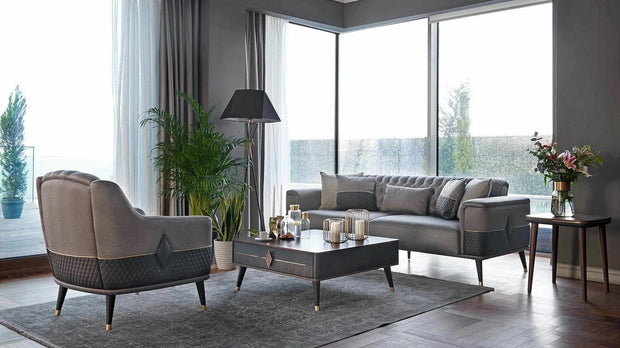 Fotoliu fix tapitat cu stofa si piele ecologica, cu picioare din lemn Diamond Gri inchis / Negru, l84xA89xH92 cm (3)