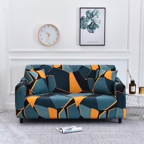 BFSummer Husa elastica canapea + 1 fata perna, Geometric B046 Petrol / Galben-Canapea 3 locuri