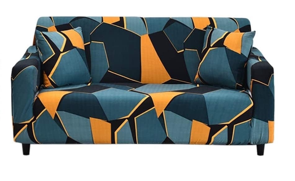 BFSummer Husa elastica canapea + 1 fata perna, Geometric B046 Petrol / Galben-Canapea 3 locuri