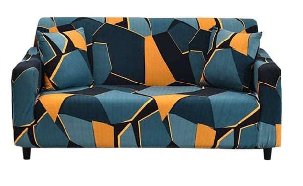 BFSummer Husa elastica canapea + 1 fata perna, Geometric B046 Petrol / Galben-Canapea 3 locuri