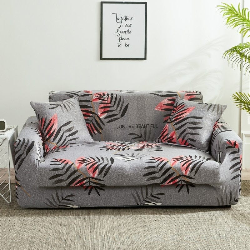 BFSummer Husa elastica canapea + 1 fata perna, Leaf A061 Gri / Roz-Canapea 2 locuri