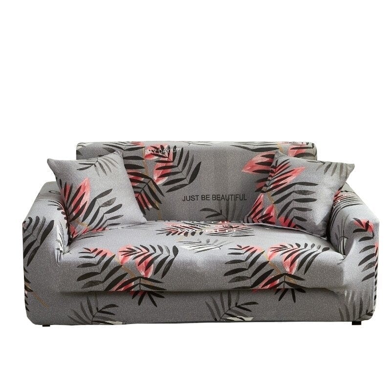 BFSummer Husa elastica canapea + 1 fata perna, Leaf A061 Gri / Roz-Canapea 2 locuri