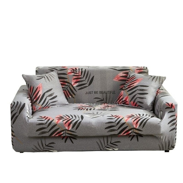 BFSummer Husa elastica canapea + 1 fata perna, Leaf A061 Gri / Roz-Canapea 2 locuri