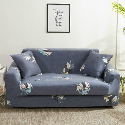 BFSummer Husa elastica canapea + 1 fata perna, Leaf A074 Gri / Bleu-Canapea 3 locuri