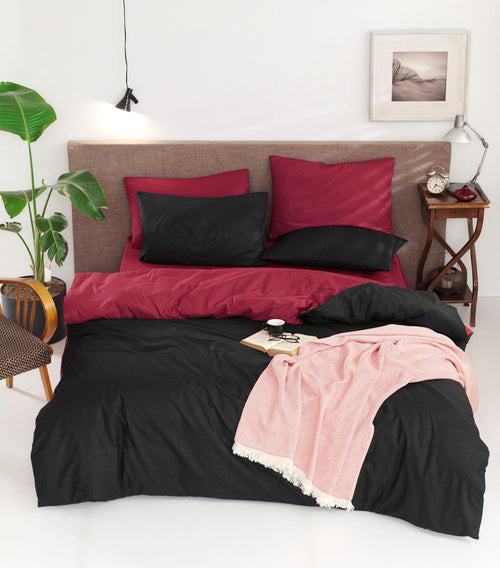 Asir Lenjerie de pat din bumbac, Duplex Burgundy / Negru, 200 x 220 cm