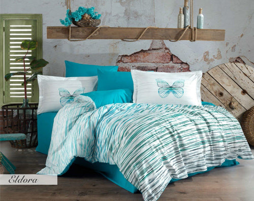 Asir Lenjerie de pat din bumbac, Eldora Turcoaz / Alb, 200 x 220 cm