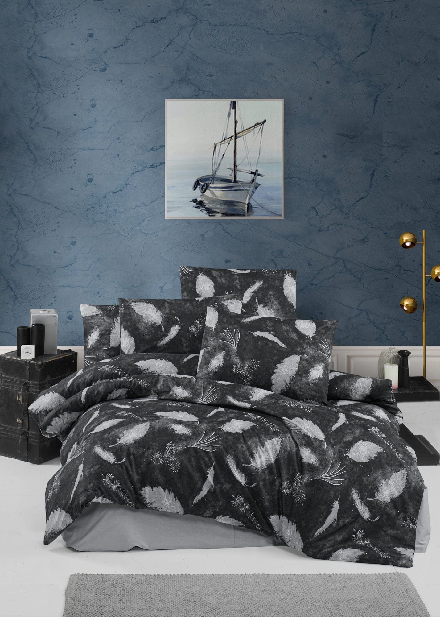 Asir Lenjerie de pat din bumbac, Feather Negru / Gri, 200 x 220 cm