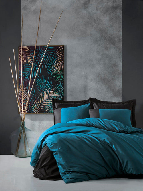 Asir Lenjerie de pat din bumbac, Plain Teal / Negru, 200 x 220 cm