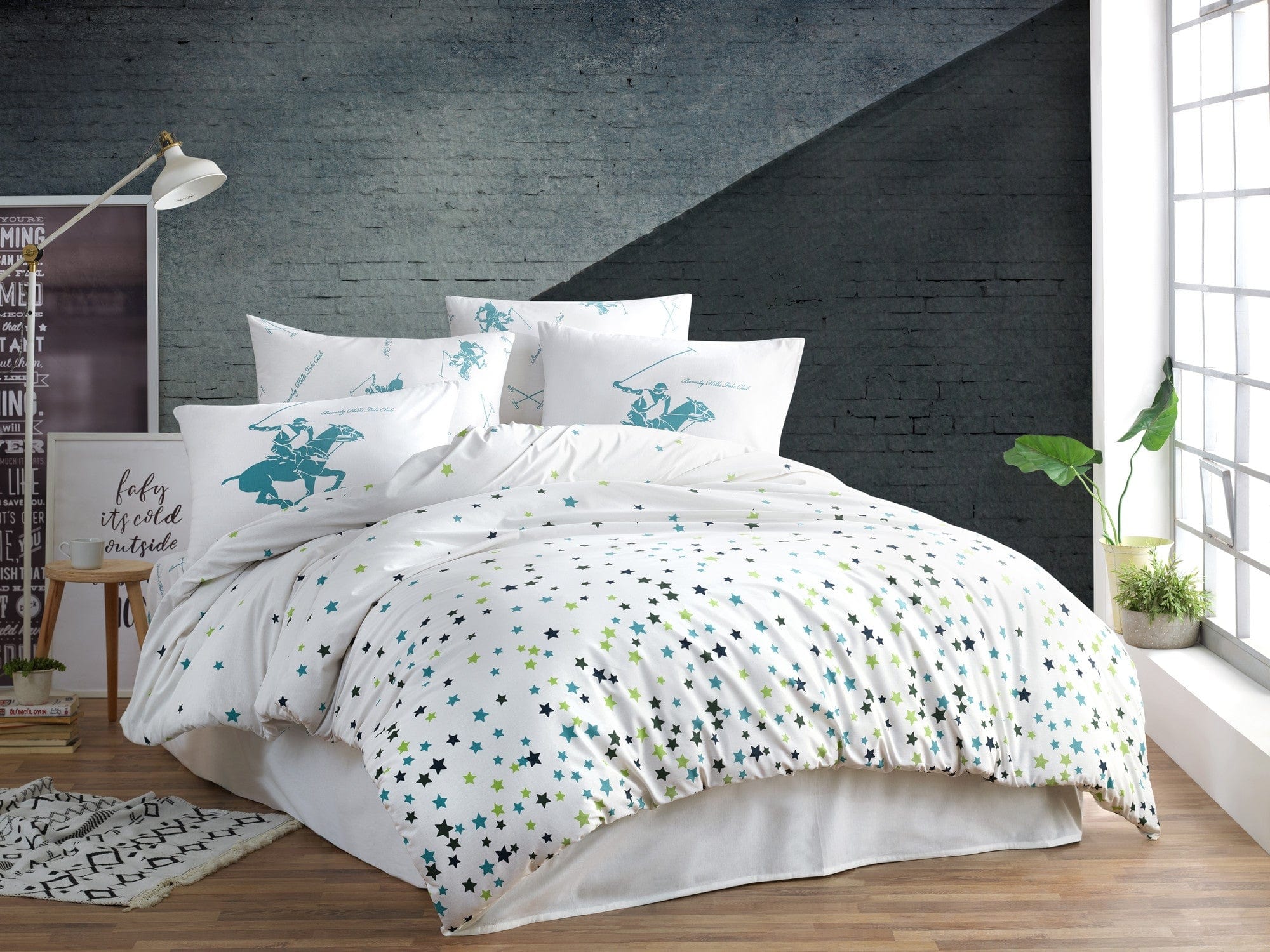 Lenjerie de pat din bumbac Ranforce, Beverly Hills Polo Club BHPC 037 Alb / Verde, 160 x 220 cm