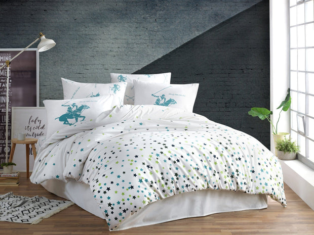 Lenjerie de pat din bumbac Ranforce, Beverly Hills Polo Club BHPC 037 Alb / Verde, 160 x 220 cm
