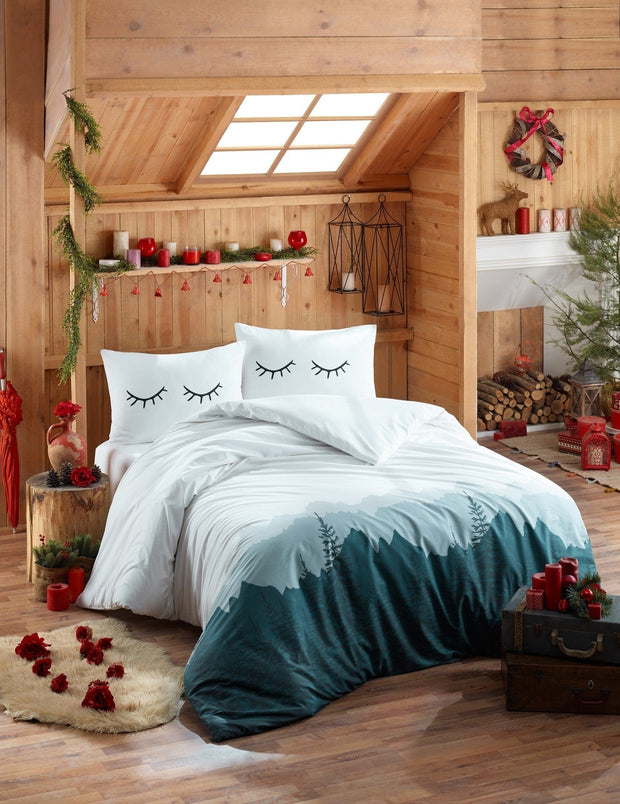 Asir Lenjerie de pat din bumbac Ranforce Eyelash Alb / Bleumarin, 200 x 220 cm