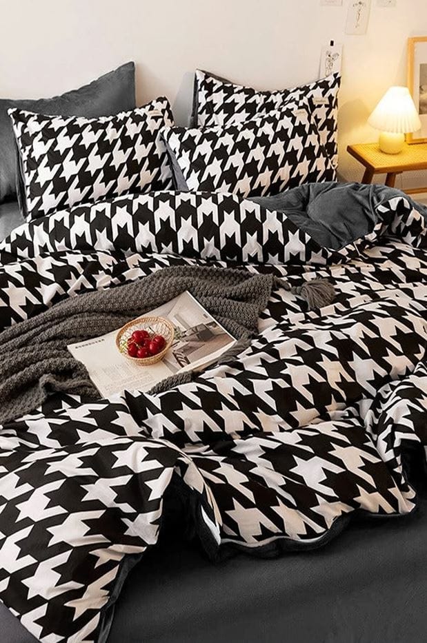 Hillkar Global Lenjerie de pat din bumbac Ranforce, Houndstooth Gri / Negru / Alb, 200 x 220 cm